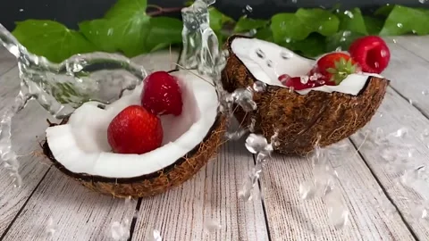 Fruit falling on coconut and splashing in slow motion. Stock Footage 130350518