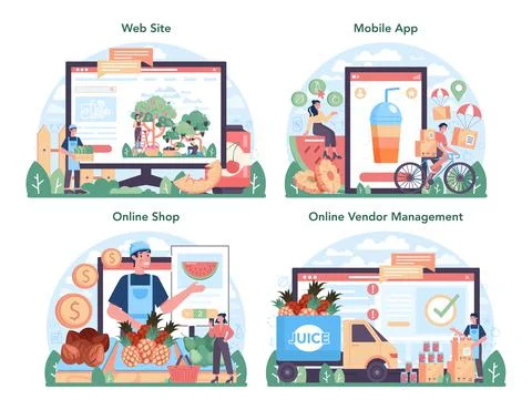 Fruit farming and processing industry online service or platform set Stock Illustration