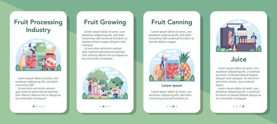 Fruit farming and processing industry mobile application banner set Stock Illustration