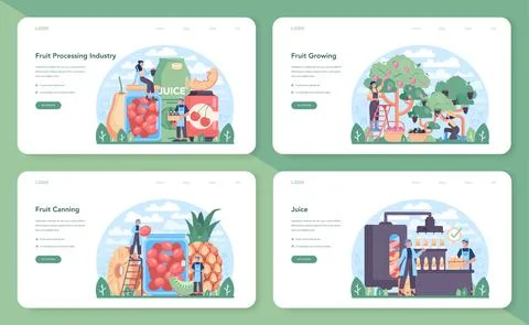 Fruit farming and processing industry web banner or landing page set. Stock Illustration