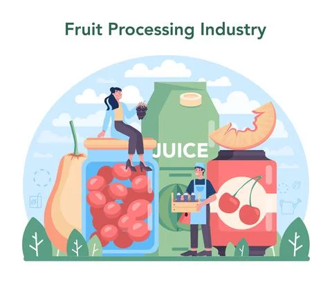 Fruit farming and processing industry. Idea of agriculture and cultivation. Stock Illustration