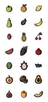 Fruit flat design vector colorful icon set. Collection of isolated fruits sym Stock Illustration