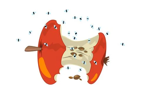 Fruit flies and red apple core isolated on white background. Stock Illustration