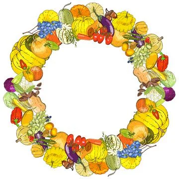 Fruit frame with apricots, apples, grapes and nuts. Stock Illustration