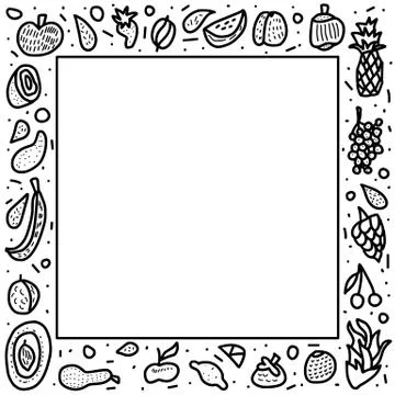 Fruit  frame concept in doodle style. Set of fresh apple, pear, orange, mango Stock Illustration
