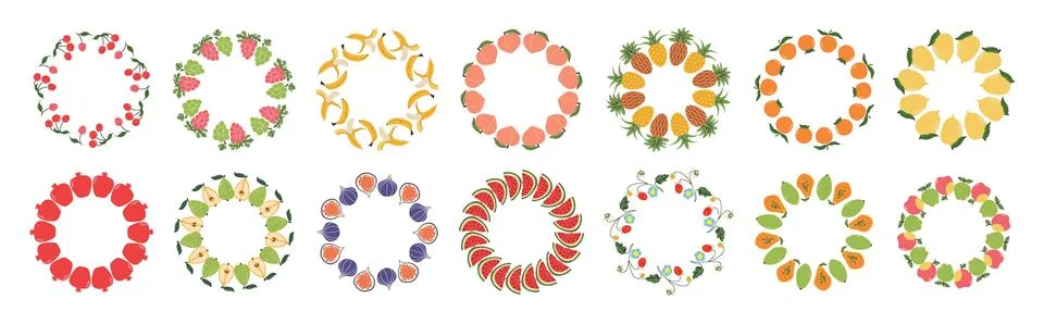 Fruit frame set. Assorted fruit design template, copy space. Cute hand draw.. Stock Illustration