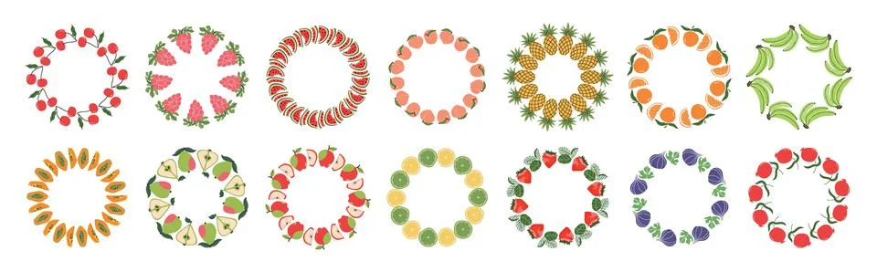Fruit frame set. Assorted fruit design template, copy space. Cute hand draw.. イラスト素材