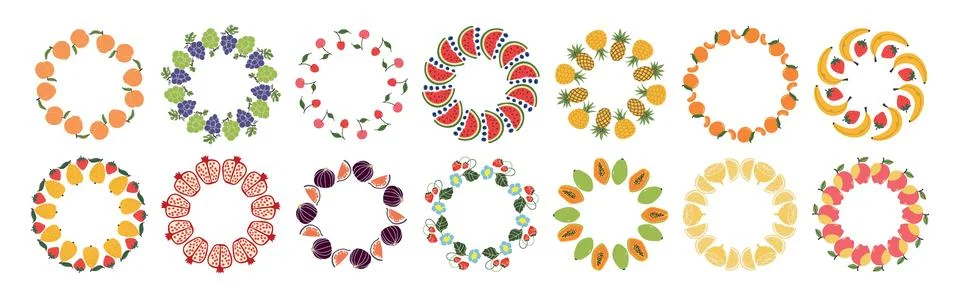 Fruit frame set. Assorted fruit design template, copy space. Cute hand draw.. Stock Illustration