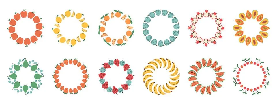 Fruit frame set. Different fruits design template, copy space. Cute hand drawn Stock Illustration