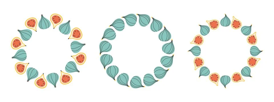 Fruit frame set. Fig design template, copy space. Cute hand drawn fruits round Stock Illustration