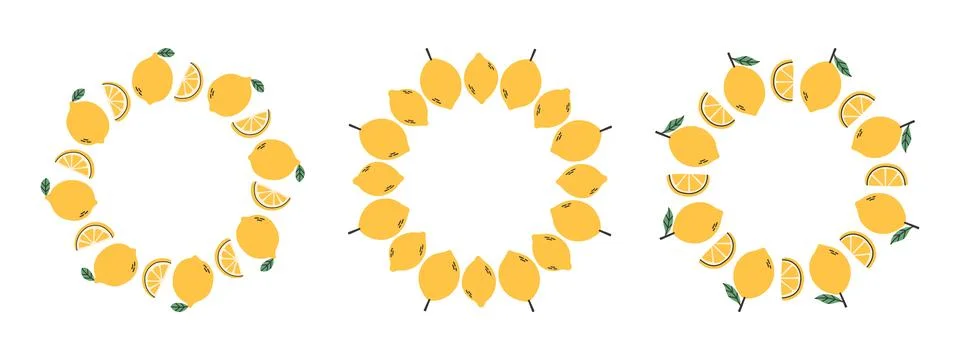 Fruit frame set. Lemon design template, copy space. Cute hand drawn fruits round Stock Illustration