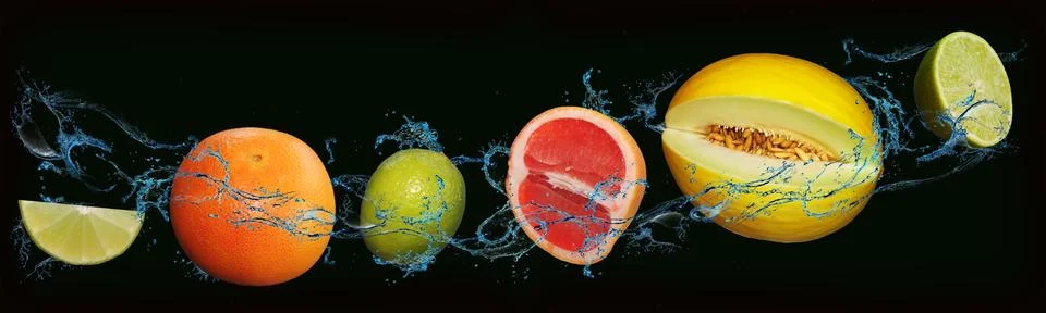 Fruit - greppfruit, lime, melon on an isolated black and green background Stock Photos
