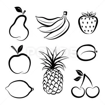 Fruit icon set. Doodle line dessert collection. Fruits and berries Stock Illustration