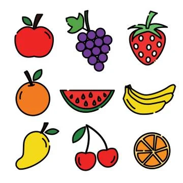 Fruit icon set, Mango, orange, grape, bananas, cherry and strawberry , vector イラスト素材