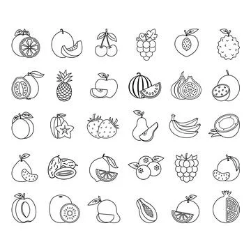 Fruit Icon Set. Vector Icons of Apple, Pear, Kiwi, Watermelon, Orange, Peac.. Stock Illustration