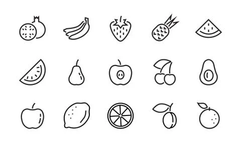 Fruit Icon Set, Vector lines, Contains icons such as apple, banana, cherry, l Stock Illustration