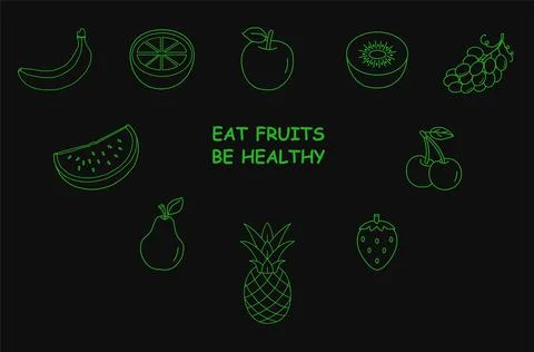 Fruit icons set, thin line style, green fruits on the black background Stock Illustration