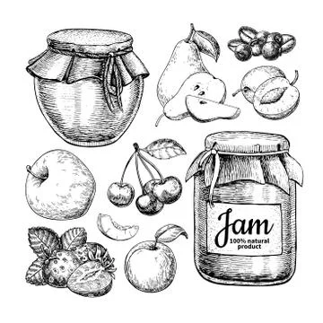 Fruit jam glass jar vector drawing. Jelly and marmalade with str Illustrazione stock