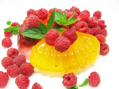 Fruit jelly dessert with raspberry Stock Photos