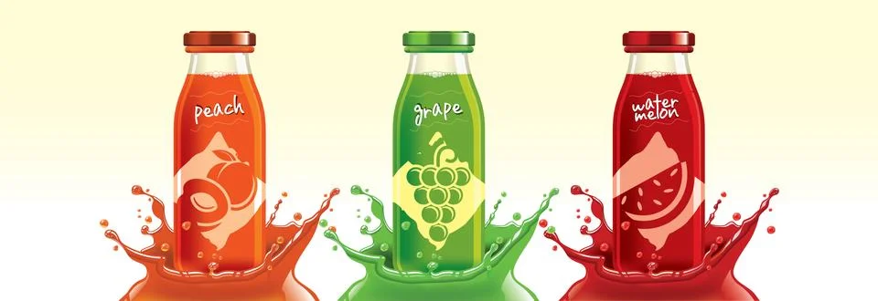 Fruit juice splash bottle set, peach, grape, watermelon sticker design. Stock Illustration