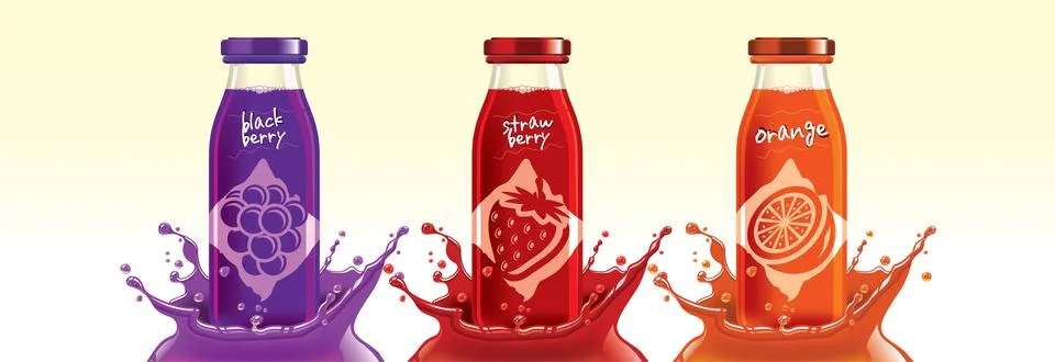 Fruit juice splash bottle set, blackberry, strawberry, orange sticker design. Stock Illustration