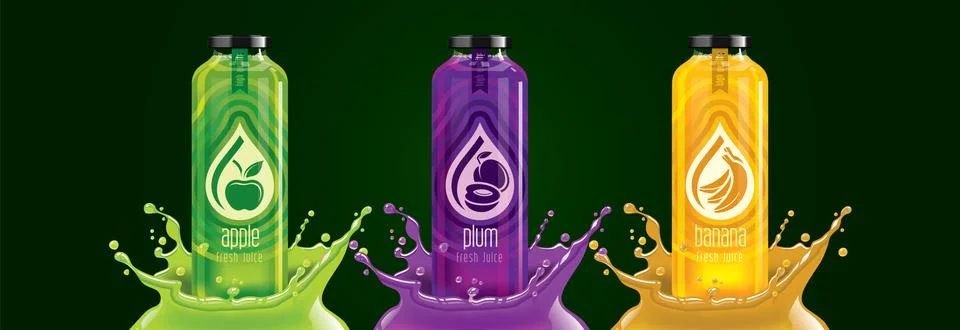 Fruit juice splash bottle set, apple, plum, banana sticker design. Stock Illustration