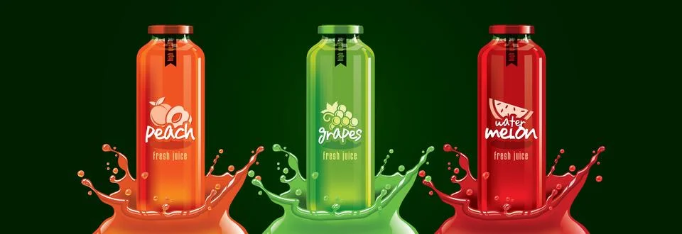 Fruit juice splash bottle set, peach, grape, watermelon sticker design. Stock Illustration