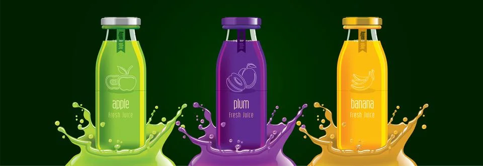 Fruit juice splash bottle set, apple, plum, banana sticker design. Stock Illustration