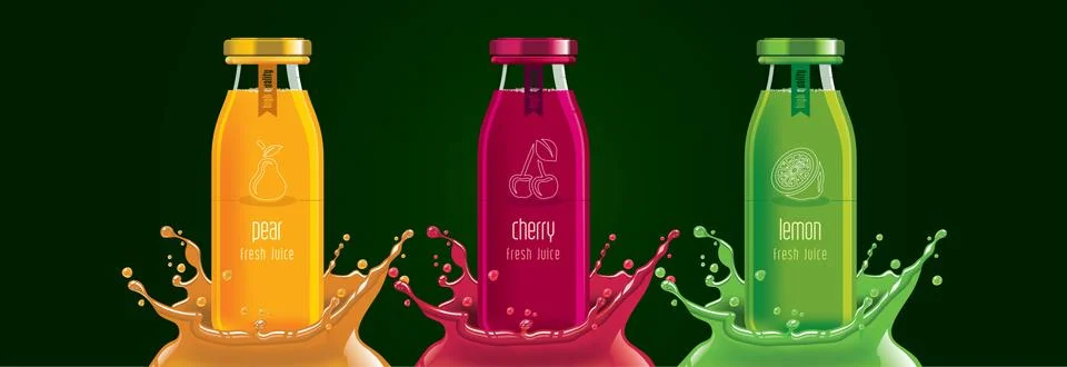 Fruit juice splash bottle set, pear, cherry, lemon sticker design. Stock Illustration