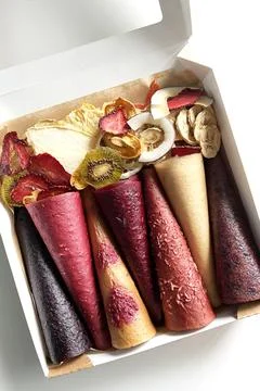 Fruit leather cones close up view. No sugar fruit leather cones. Healthy food Stock Photos