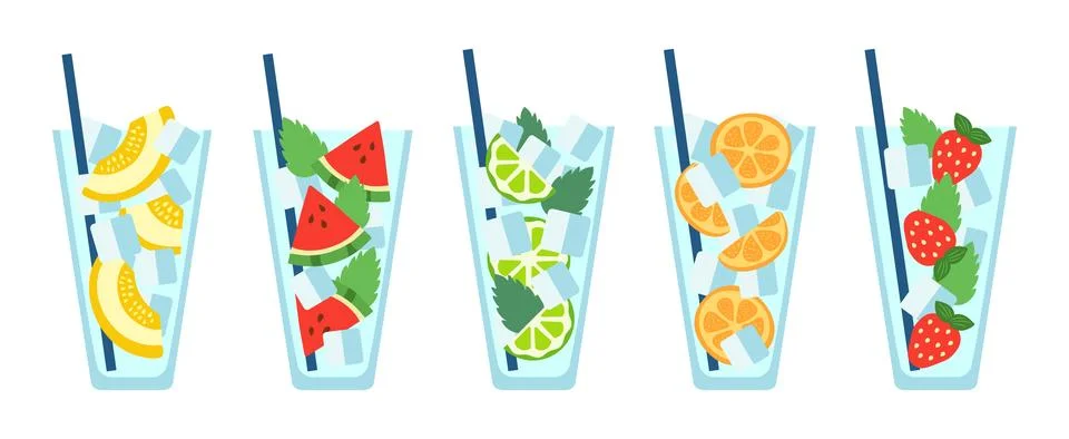 Fruit lemonade glasses vector illustration set with ice and mint. Summer soft Stock Illustration