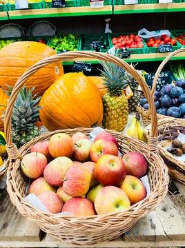 Fruit market with various colorful fresh fruits and vegetables Stock Photos