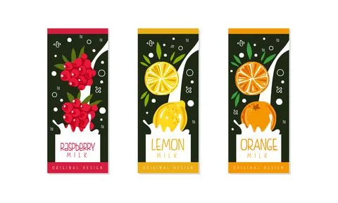 Fruit Milk Labels Set, Raspberry, Lemon, Orange Natural Dairy Products Banner Stock Illustration
