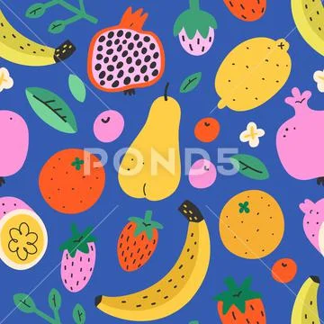 Fruit mix pattern, summer sweet food background, seamless vector texture Stock Illustrationen