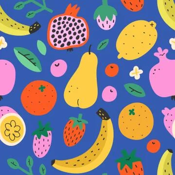 Fruit mix pattern, summer sweet food background, seamless vector texture Stock Illustration