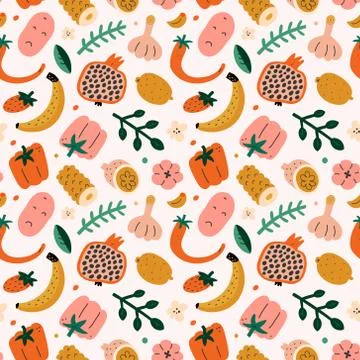 Fruit mix pattern, summer sweet food background, seamless vector texture Stock Illustration