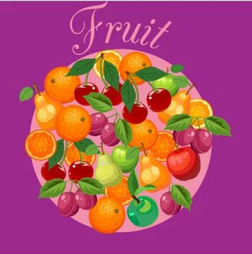 Fruit mixed, poster, postcard, label on a bright juicy background Stock Illustration