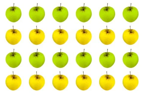 Fruit pattern apples number of bright juicy green yellow background white bas Stock Photos