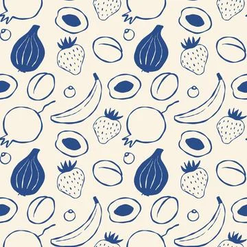 Fruit pattern in blue line art on light beige Stock Illustration