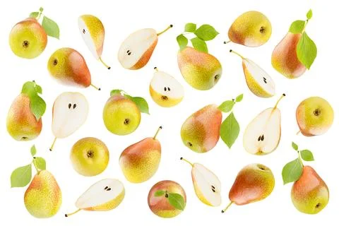 Fruit pattern of bright fresh yellow bartlett pears with speckled red side, c Stock Photos