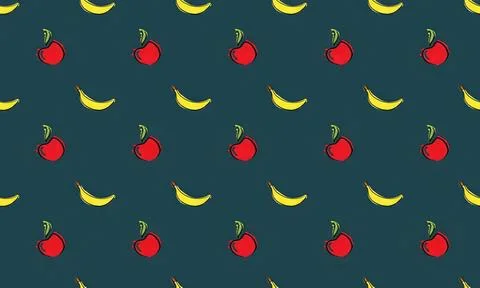 Fruit pattern with cherries and bananas on dark background Stock Illustration
