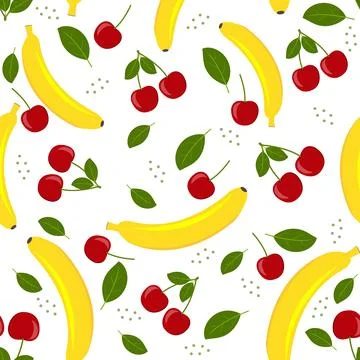 Fruit pattern of cherry and banana, color vector illustration Stock Illustration
