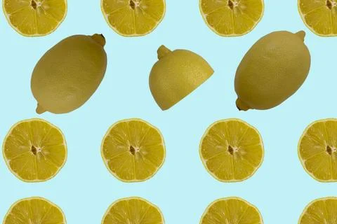 Fruit pattern. Colorful of fresh lemon texture slices on blue background. F.. Foto stock
