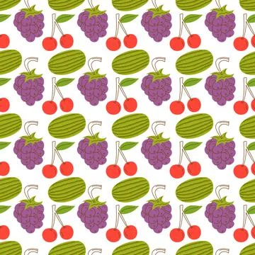 Fruit pattern with colorful, watermelon, cherries, grapes. Hand drawn various 스톡 일러스트