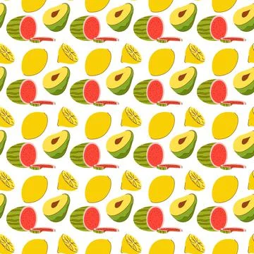 Fruit pattern with coloring doodle watermelon, avocado, lemon. Vector Seamles Illustrazione stock