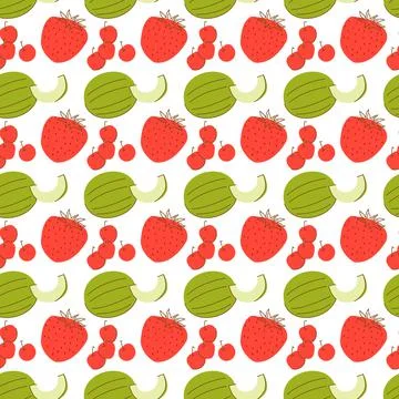 Fruit pattern with coloring melon, strawberry and cherry element. Seamless pa Stock Illustration