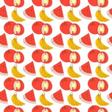 Fruit pattern with coloring, watermelon, banana, tomato. Vector seamless patt Stock Illustration