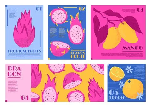 Fruit pattern. Exotic dragon fruits, Italian orange juice packaging design Illustrazione stock