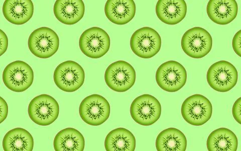 Fruit pattern of fresh kiwi halves on green background. from top view. vector Stock Illustration