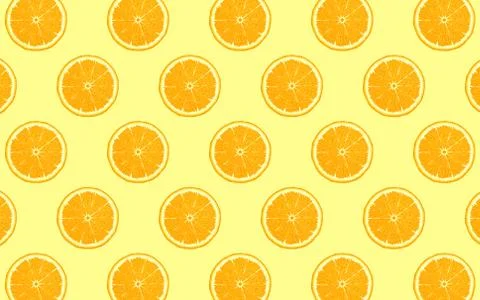 Fruit pattern of fresh orange halves on yellow background. from top view. vec Stock Illustration